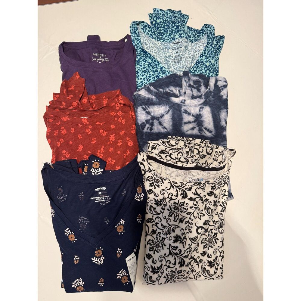 Lot of 6 Women’s Long Sleeve Tops Sonoma & Croft Barrow Floral Tie Dye Solids